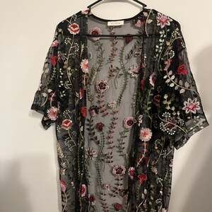 Glance Black Embroidered Floral Mesh Kimono Cardigan